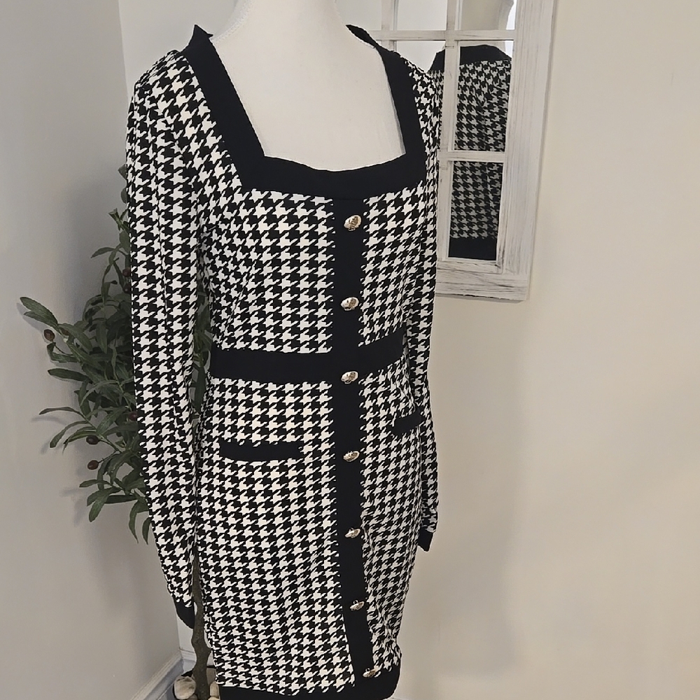 Black and White Houndstooth Dress with Gold Buttons